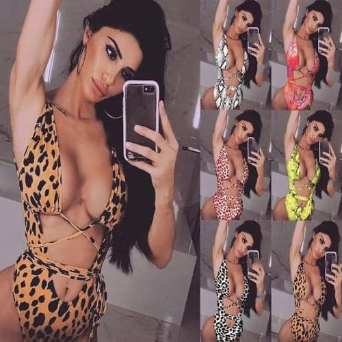 Womens Summer New Style Leopard Cut Out One-Piece Swimsuit,Sexy And Close To Classic Solid Color Tie With Beach One-Piece Bikin