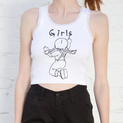 Cute Girl Print Sexy Crop Top Women Lace Patchwork Round Neck Sleeveless T Shirt Women 2021 Summer Casual Streetwear Cotton Tops