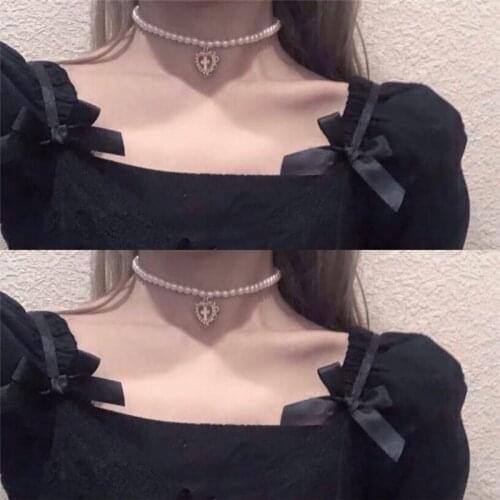 Hollow Heart Shaped Pendant Fashion Jewelry for Women Girls Punk Gothic Harajuku Pearl Chain Retro Court Cross Choker Necklace