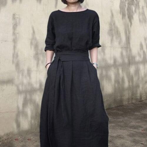 Women Dress Summer Bohemian Linen Solid O-Neck Dresses 2021 New Retro Banquet Dress Black Cotton Elegant Vintage Womens Dresses