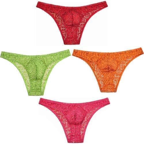 4PCS/Lot See-Through Hollow Design Sexy Pouch Mens Bikini Underwear Briefs Fashion Jacquard Shorts Male Underpants