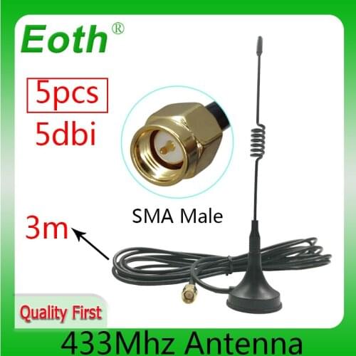5pcs 5dbi 433Mhz GSM Antenna SMA Male Connector 433m Straight with Magnetic base for Ham Radio Signal Booster Wireless Repeater