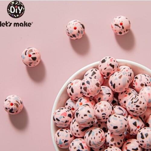Lets Make 50PC Silicone Bead Food Grade Materials 15mm Teether Round Printing DIY Crafts Baby Teether Safe Rattle Beads