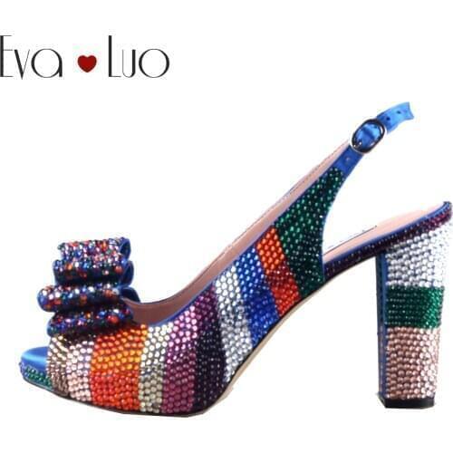 BS1147 DHL Custom Handmade Multicolor Crystal Bow Shoes with Matching Bags Set Slingbacks Block Heel Women Bridal wedding Shoes