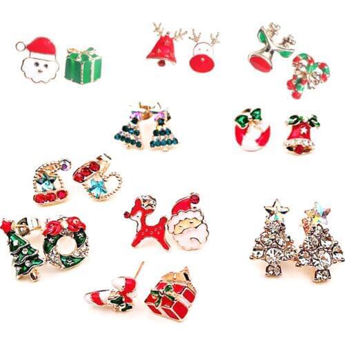CRLEY Christmas Collection Stud Earrings for Women Santa Clause Gift Box Bell Reindeer Rosette Christmas Tree Oil Drop Jewelry