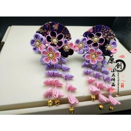 Purple Cosplay Sakura Fan Tassel Headdress Ancient Costume Kimono Accessories Hairpin Tsumami Zaiku Yukata Barrettes Kanzashi