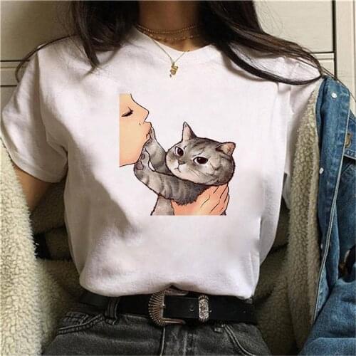 Womens T Shirt Bell Cat Lovely Print T Shirts Women Harajuku TShirt White Top Casual Short Summer Oversized TShirt Short Sleeve