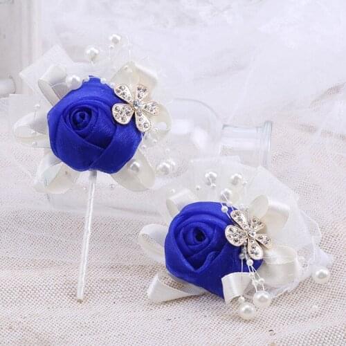 Hot Sale Korean Groom Suit Lapel Pin Banquet Bridal Rhinestone Ribbon Rose Corsage Wrist Flower Wedding Banquet Gift T042