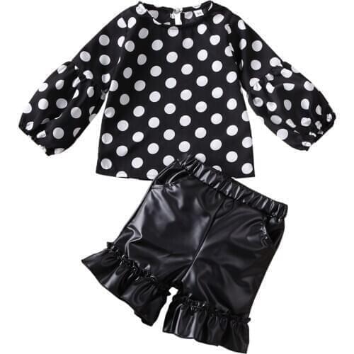 Fashion Autumn Baby Girls Clothes Set Polka-dot Long-sleeved Tops+Short Leather Pants Clothes Sets Infant Kids Black Suit 1-6Y