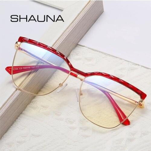 SHAUNA Retro TR90 Metal Cat Eye Glasses Frame Fashion Women Clear Anti Blue Light Eyewear Spring Hinge Optical Men Square Frame
