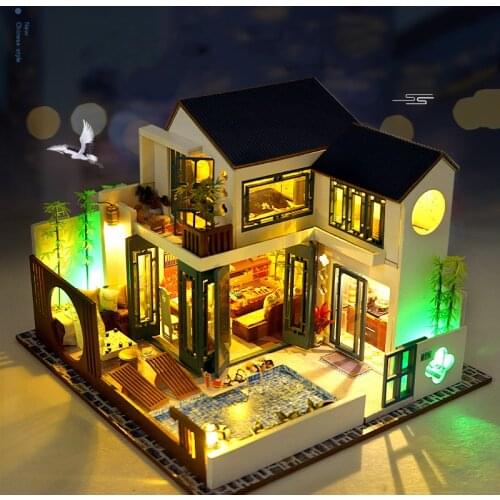 DIY Wooden Casa Big Dollhouse Kit Assembled Miniature Furniture Chinese Doll House with Swimming Pool Toys for Adult Gifts