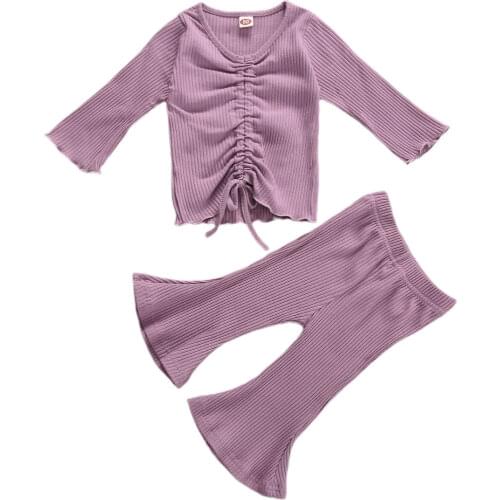 New Baby Girl Flared Sleeve Suit, Long Sleeves + Long Pants, Navel Design Drawstring Decoration Spring Clothing