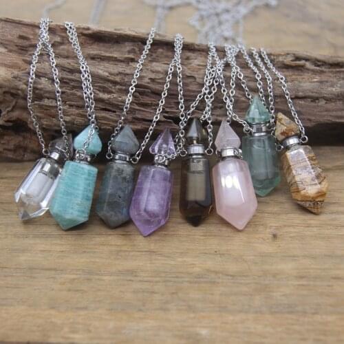 Natural Labradorite Double Pointed Perfume Bottle Pendants Necklace Rose Quartzs Amethysts Prism Essential Oil Vial Charm QC1026