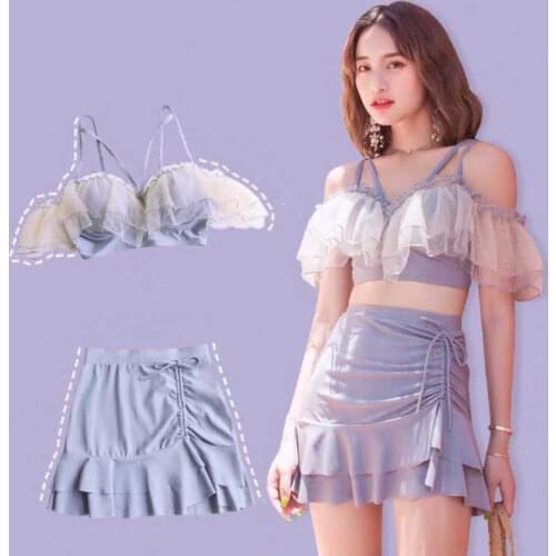 2021 Korean Fairy Fan Sling Mesh Ruffled V-Neck Sweet Collocation High-Waist Pleated Skirt Gathered Conservative Hot Spring Swim