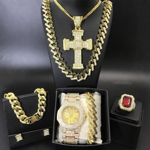 Luxury Men Gold Color Watch & Neckalce & Braclete & Ring & Earrings Combo Ice Out Cuban Jewerly Crystal Miami Neckalce For Men