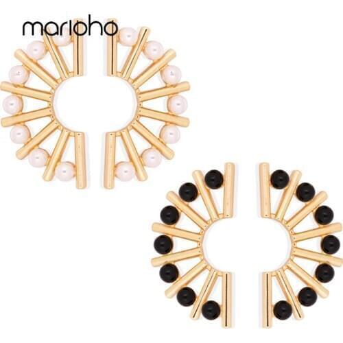 Exaggerated Fashion Metal Arc Sun Shape Pearl Stud Earrings White Black Pearl Geometric Earrings Punk Jewelry Party For Women