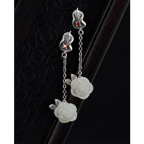 Earings Fashion Jewelry Hot Sale Plant Jasper 2018 New 100% 925 Pure Natural Hetian Jade Inlaid Rose Leaves Earrings Wholesale