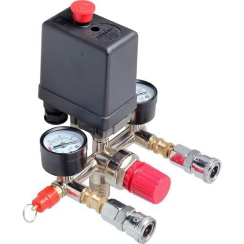 230V Double Outlet Tube Alloy Air Compressor Switch Pressure Regulator Valve Fitting Parts Air Compressor Tube with Gauge