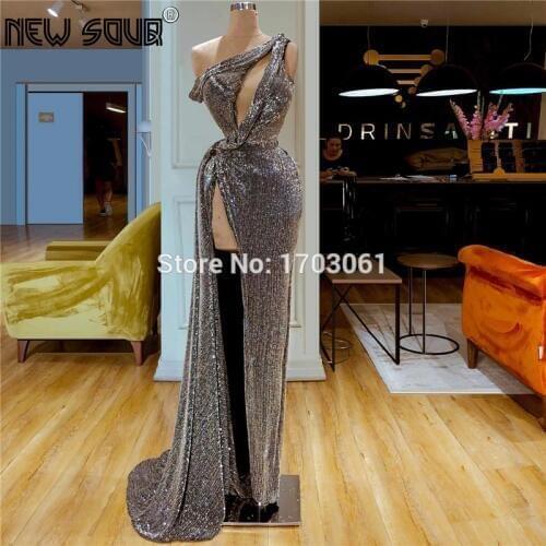 Sequins Evening Dresses For Weddings Sexy High Split Side Middle East Prom Dress Celebrity Party Gowns 2019 Robe De Soiree Aibye