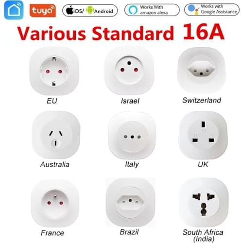 16A Tuya WIFI Plug Smart life Socket Outlet UK EU AU Brazil FR Israel IT Plug APP Remote Control Work For Alexa Google Assistant