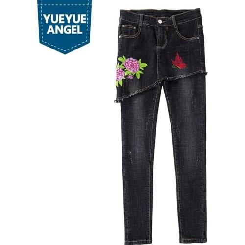 Embroidery Women Long Pants Skirt Streetwear Fashion Female Trousers Ripped Jeans Denim Large Size Flower Black Blue