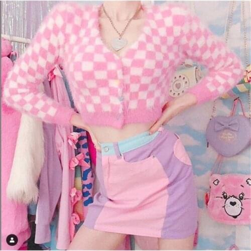 Woman Sweet Crop Sweaters Cute Pink Cardigan Single Breasted Sexy Knitted Jumpers Y2K Outwear Clothes Lolita Style