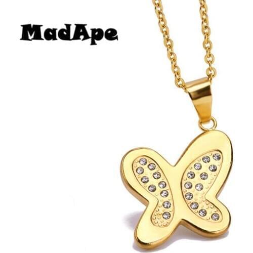 MadApe Cute Gold Color Betterfly Pendants & Necklace Titanium Stainless Steel Pendant Sweater Chain For Women Trendy Choker