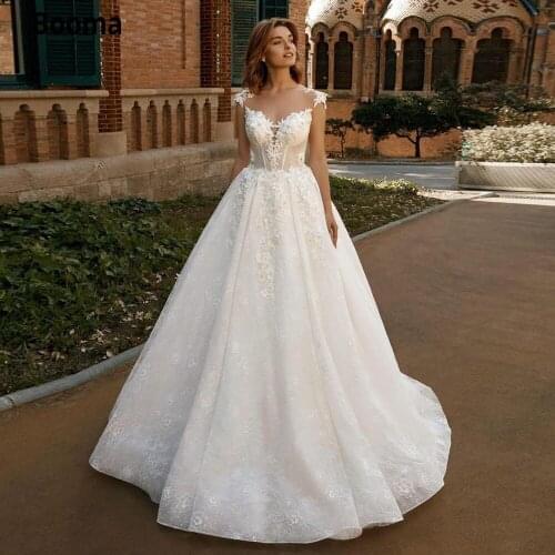 Booma High Quality Lace Wedding Dresses Sheer Neck 3D Flowers Boho Beading Bridal Gown Plus Size Lace-up Beach Wedding Gown 2021