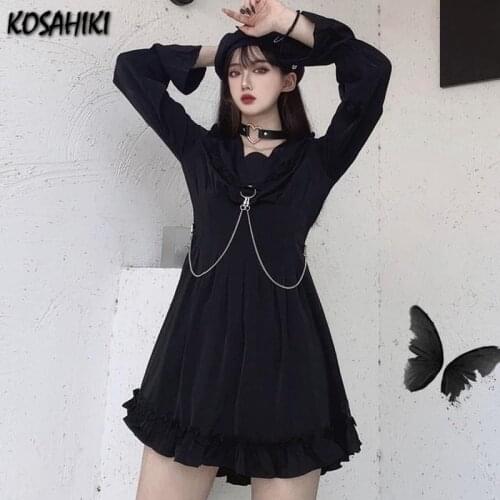 KOSAHIKI Streetwear Black plus size Women Dresses Slim Waist Flare Sleeve Elegant Femme Robe Sailor Collar Casual Vestido 11a171
