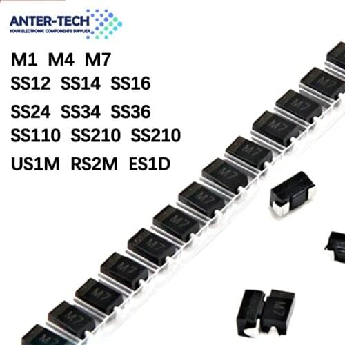 100PCS Rectifier diode M1 M4 M7 SS12 SS14 SS16 SS24 SS34 SS36 SS110 SS210 SS210 US1M RS2M ES1D DO-214AC Schottky diodes