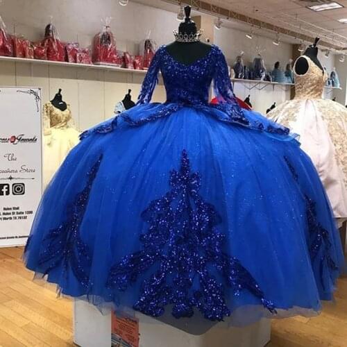 2021 New Arrival Royal Blue Sequins Sparkly Quinceanera Dresses Long Sleeves Ball Gown Sweet 16 Dress vestidos de xv años
