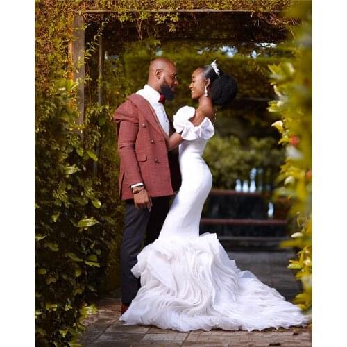 2021 Modest Satin Scoop Mermaid Wedding Dresses with Handmade Flowers Sweep Train Garden African Ruffles Bridal Gowns