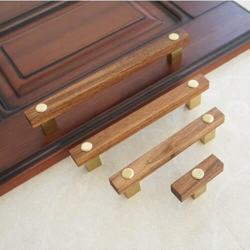 3.75" 5" 6.3"Copper Gold Door Pull Handles Black Walnut Kitchen Cabinet Knobs Wooden Closet Door Drawer knob Handle 96 128 160mm