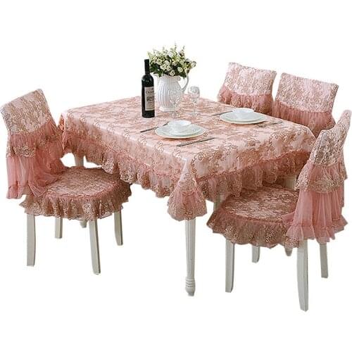 7Pcs/set European Style Simple Lace Mesh Embroidered Tablecloth, Backrest, Chair Cushion Set, Home Furnishing Fabric Decoration