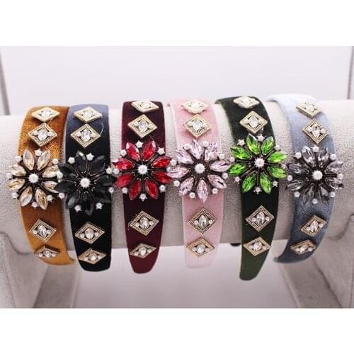 Bohemian Velvet Hairband With Metal Pearl Beads Rhinestone Flower Handmade Headband customized Hair Accessories