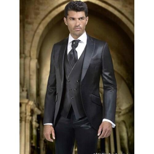 Shiny Black Handsome Groom Tuxedos Mens Work Business Suits Evening Dress Toast Clothes (Jacket+Pants+Vest+Tie) NO:058