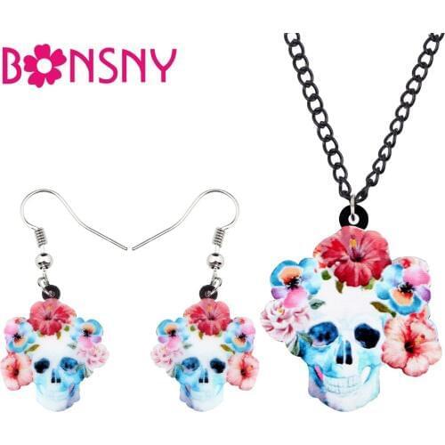 Bonsny Acrylic Halloween Colorful Smile Skull Earrings Necklace Collar Decoration Party Jewelry Sets For Women Girls Gift Bijoux