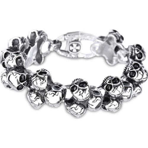 Punk 24mm Silver Color 316L Stainless Steel Skull Charm Bracelet Cool Mens Biker Chain Bangle Fashion Male Jewelry 8.66inch