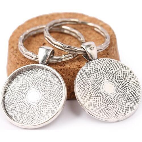 Reidgaller 5pcs fit 25mm round cabochon key chain settings antique silver blank keychain base trays diy keyring accessories
