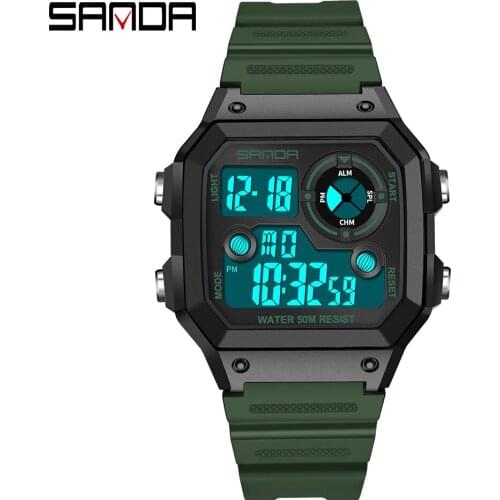 SANDA New Fashion Mens Business Watch Outdoor Sports Multifunctional Luminous 50M Waterproof Personality Square Electronic Watch