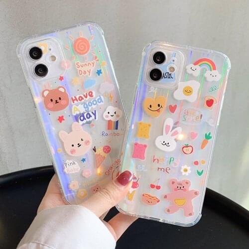 Cute Cartoon Bear Rainbow Laser Phone Case For iPhone 12 Mini 11 Pro Max X XS XR 7 8 Plus SE2020 Shockproof Clear Soft TPU Cover