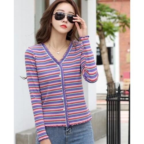 Wooden Ear Edge Cotton Stripe V-neck T-shirt For Womens Slim Fit Early Autumn 2020 New Long Sleeve Ins Fashionable Short Color