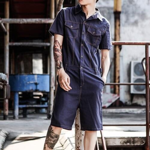 Jeans Jumpsuit Men Summer Short Sleeve One Piece Overalls Mens Denim Jumpsuits Playsuits Rompers Casual Outfit Male Clothes