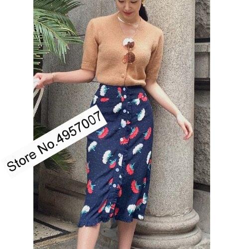 Elfbop Ladies Viscose 100% Printed High Waist Skirt Features Button Closure