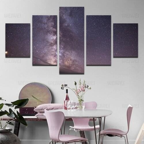Purple Starry Five Panel Canvas Painting Galaxy Stars Wall Picture for Living Room Home Decoration Modern Posters and Prints