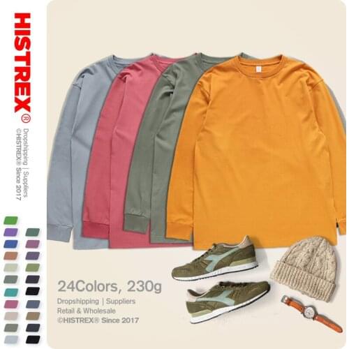 HISTREX 100% Cotton Long Sleeve T Shirt Men Women Oversize Spring Autumn Blank Solid O-neck Tops Tee Tshirts Man Plus Size 230g