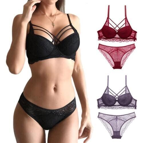 Women Sexy Crossing String Padded Bra Brassiere Low Rise Briefs Underwear Set Lace Lingerie Set Babydoll Comfortable Breathable