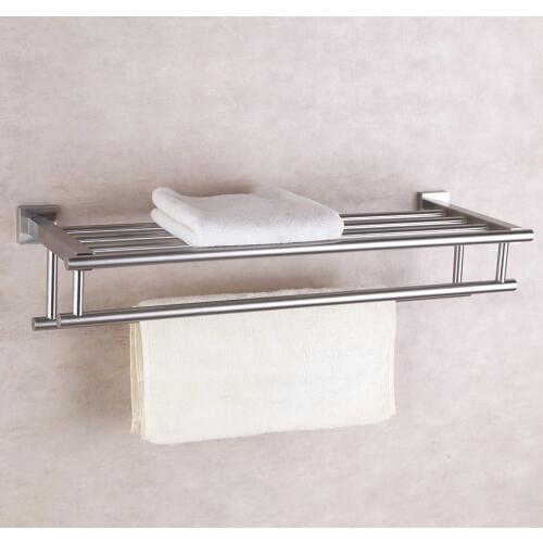 Brushed Finish Stainless Steel Bath Towel Rack Bathroom Shelf with Double Towel Bar 60 CM Storage Organizer