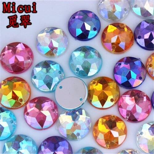 Micui 100PCS 15mm AB Round Acrylic Rhinestones Crystal Flat Back Beads Sew On 2 Holes Stones For Clothing Craft Decoration ZZ325