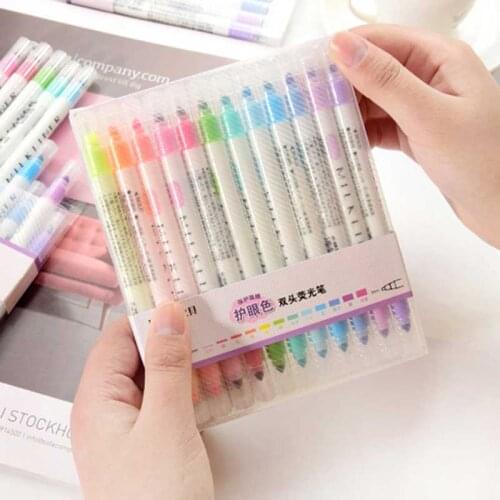 Cute 12 colors Milk Liner Pens Highlighter Dual Double Headed Fluorescent Pen Art Drawing Marker Pen Stationery school supply